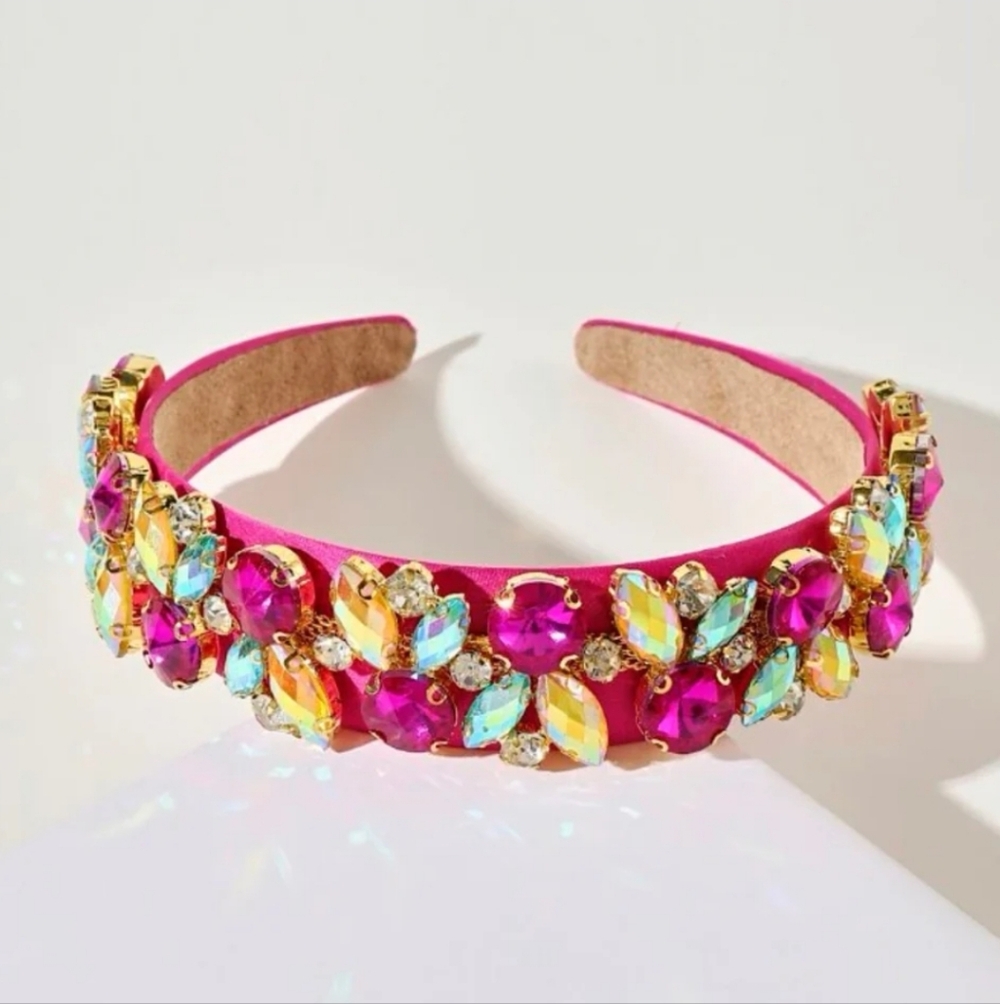 Elegant Baroque Vibrant Pink, Lemon & Aqua Gold Multi-Colored Jeweled Headband - Picture 2 of 4